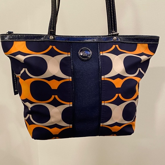 Coach Handbags - COACH Navy and Orange Patterned Signature Tote